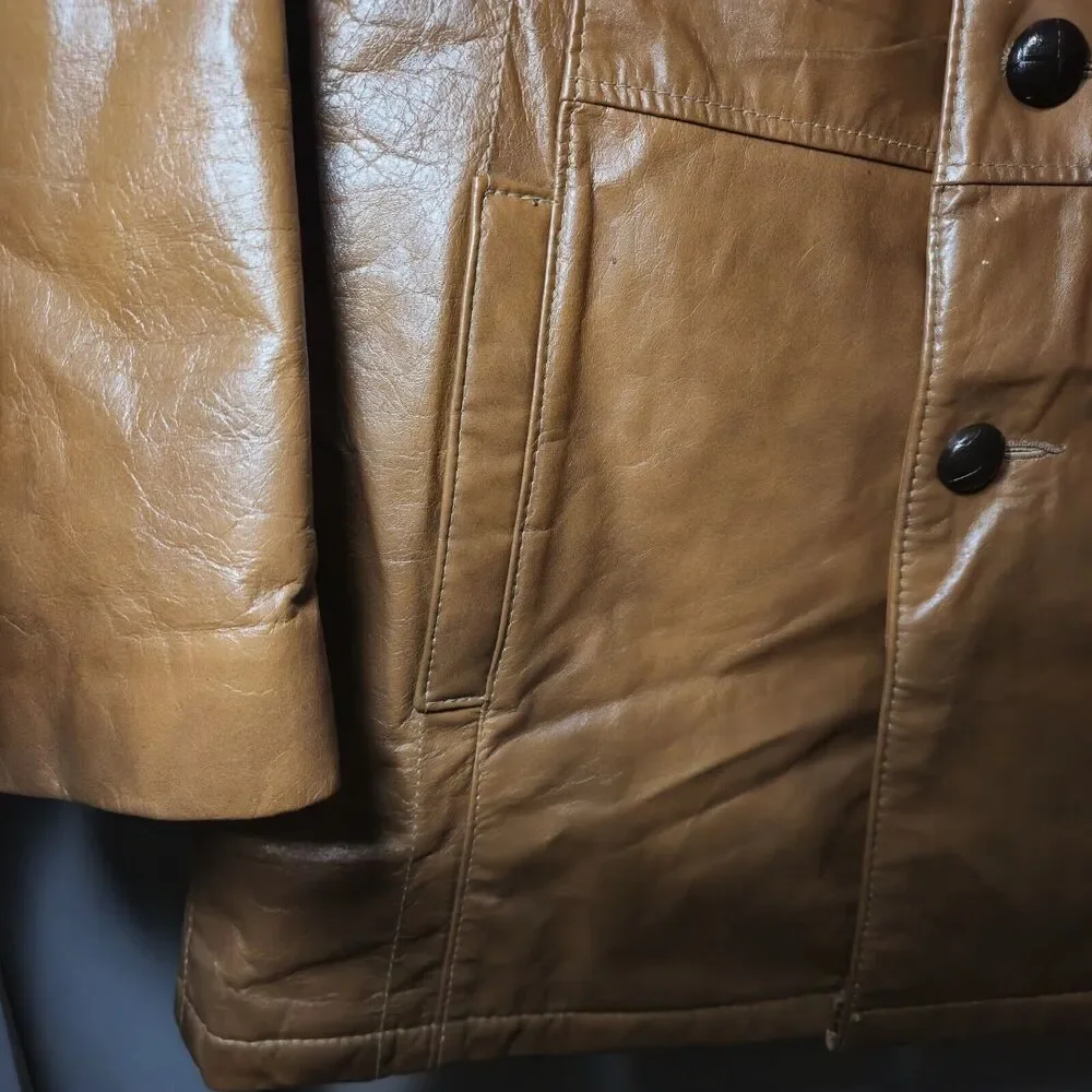 Delong Glove Cowhide Leather Coat Jacket USA‎ Retro 70’s Belted. Size 40 Vintage
